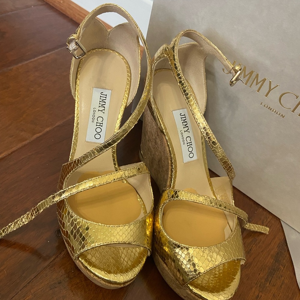 Jimmy Choo Gold Wedge Peep-Toe Shoes
